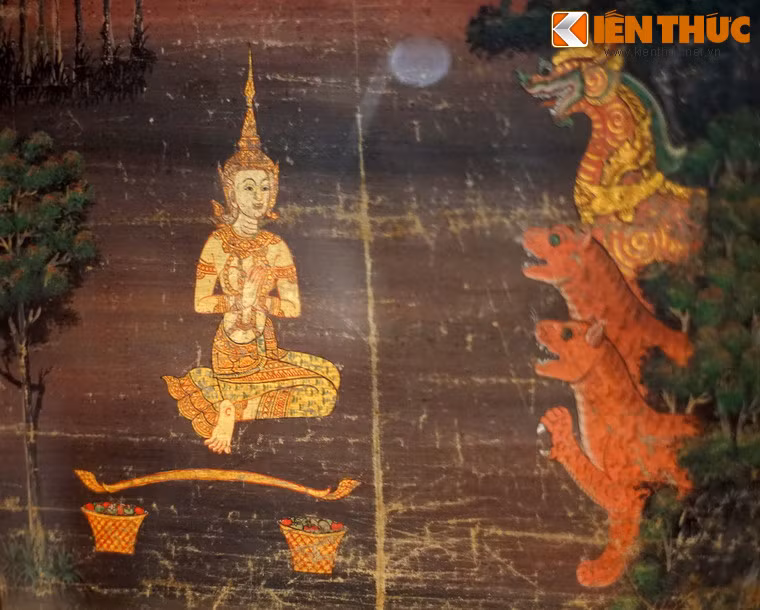 Cảnh trong truyện Vessantara Jataka của Phật giáo Tiểu Thừa được tái hiện trong một bức tranh màu nước trên vải sợi bông có từ thế kỷ 19 của Thái Lan.