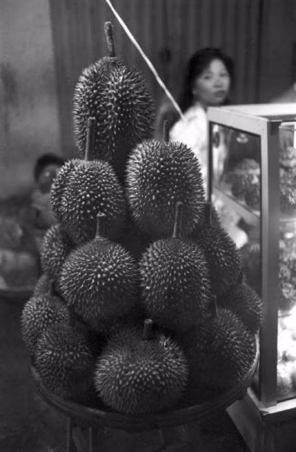 Những trái sầu riêng được bày bán trên vỉa hè. Ảnh: Ferdinando Scianna/ Magnumphotos.com.