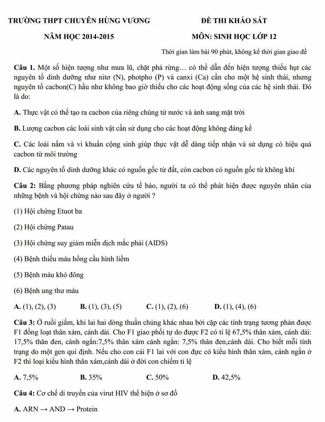 De thi thu THPT quoc gia 2015 mon Sinh chuyen Hung Vuong va dap an