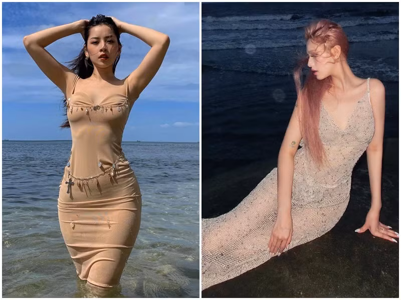 Hai hot girl khoe vóc dáng quyến rũ trong trang phục bó sát mỏng tang khi đi biển. Ảnh: FB Xoài Non, Chi Pu.