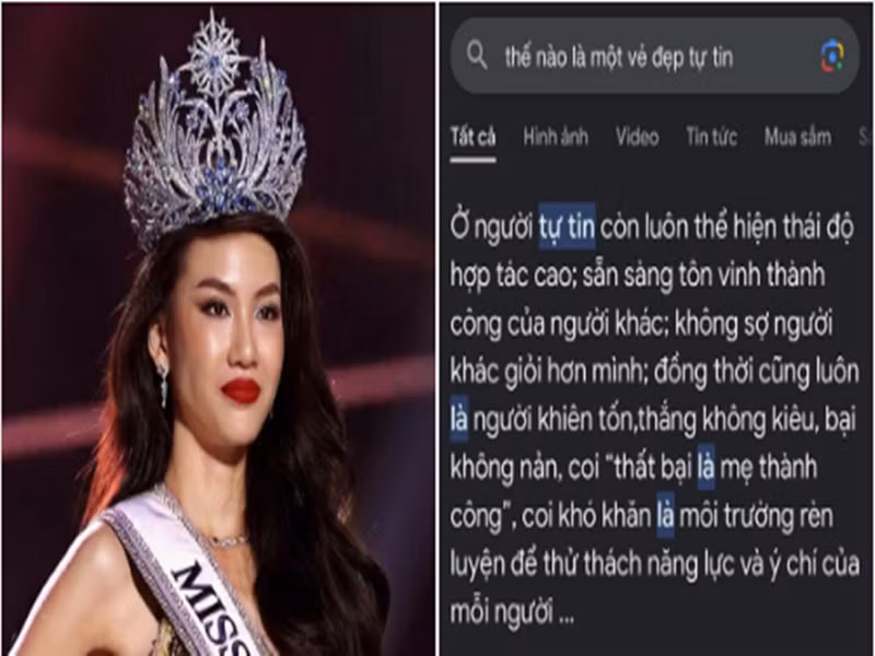 Quỳnh Hoa còn bị soi có phần trả lời ứng xử giống gợi ý trên Google khi trả lời câu hỏi "Theo bạn, thế nào là vẻ đẹp tự tin?" trong chung kết Miss Universe Vietnam 2023. Bên cạnh đó, người đẹp nói sai cụm từ "thắng không kiêu, bại không nản" thành "thắng không kiêu, bại không chảnh". Ảnh: Pháp Luật TP HCM.