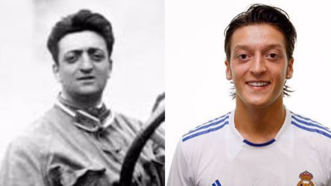 Tay đua Enzo Anselmo Ferrari cũng là người sáng lập đội đua Scuderia Ferrari Grand Prix và sau này là hãng xe hơi đình đám Ferrari. Ông qua đời vào ngày 14/8/1988. Hai tháng sau, ngày 15/10/1988, Mesut Özil chào đời ở Đức. Với vẻ ngoại trông giống Enzo, Mesut Özil là tiền vệ bóng đá nổi tiếng của tuyển Đức.