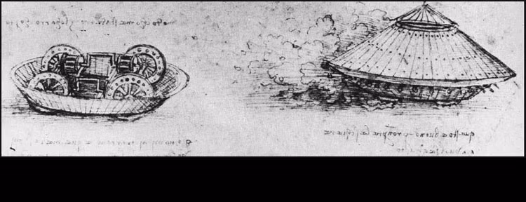 Sáng chế tiên phong tiếp theo của Leonardo da Vinci là xe bọc thép. Phát minh của ông gồm một chiếc xe kéo chạy bằng sức người. Nó được bao phủ trong các tấm kim loại.