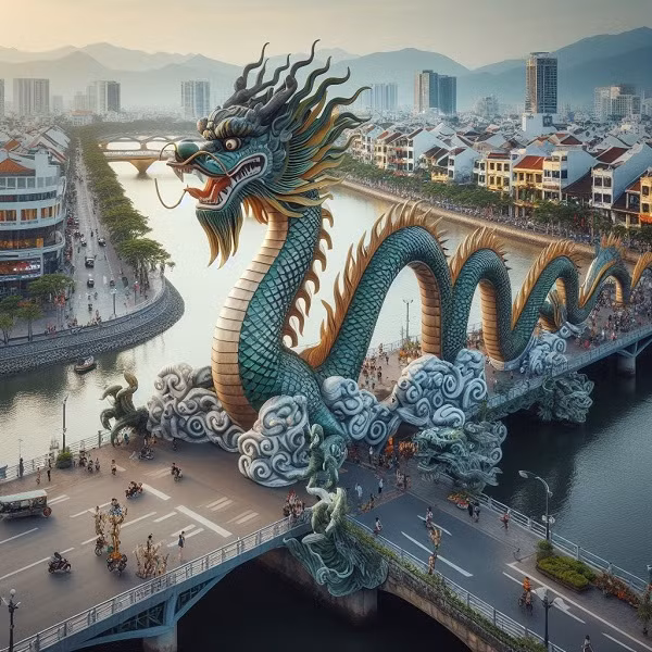 "Rồng trên sông Hàn, Đà Nẵng, nơi có nhiều cây cầu", AI đã vẽ gần giống nhưng hai bên bờ sông lại là khu phố cổ. 