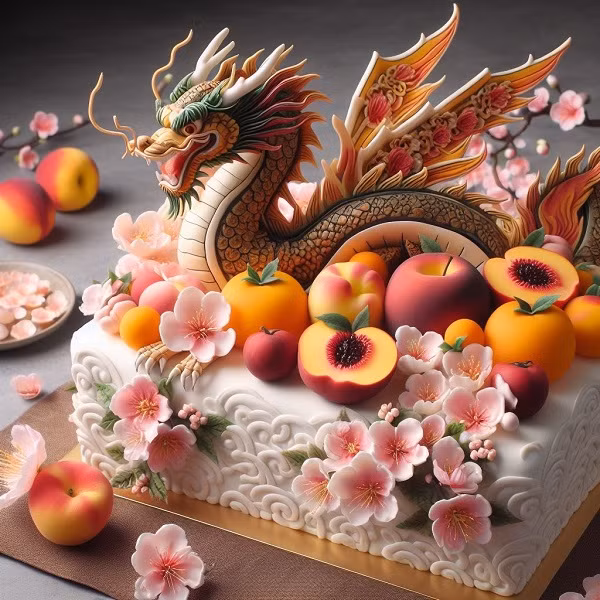 Còn đây là tác phẩm "Rồng và bánh chưng, hoa đào". Bánh chưng bị biến thành bánh gato. Nhìn chung, AI tạo hình ảnh đã làm nên những điều thú vị nhưng mặt hạn chế còn tồn tại khá nhiều. 