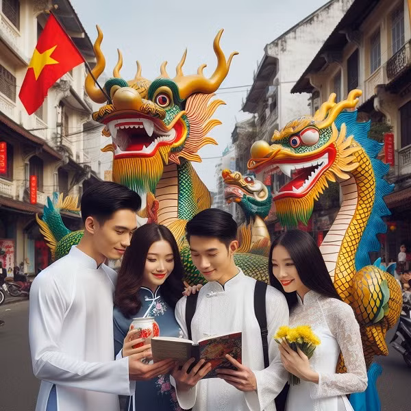 Bức hình được tạo bởi từ khóa "hai cô gái và cặp rồng ở phố cổ Hà Nội", nhưng AI đã vẽ thêm hai chàng trai và cờ đỏ sao vàng. Ngoài ra mặt mũi những người này toe toét lỗi, mắt bị nhắm. 