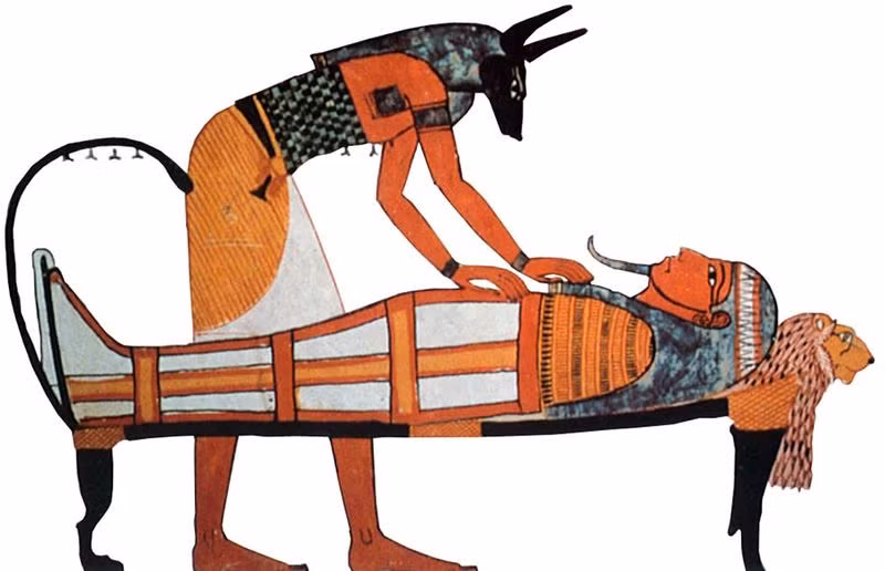 Vị thần Anubis có đầu chó rừng này được miêu tả trong các tài liệu cổ là giúp ướp xác thần Osiris sau khi bị thần Seth giết chết. Các thầy tư tế ở Ai cập thường đeo mặt nạ Anubis trong các lễ ướp xác.