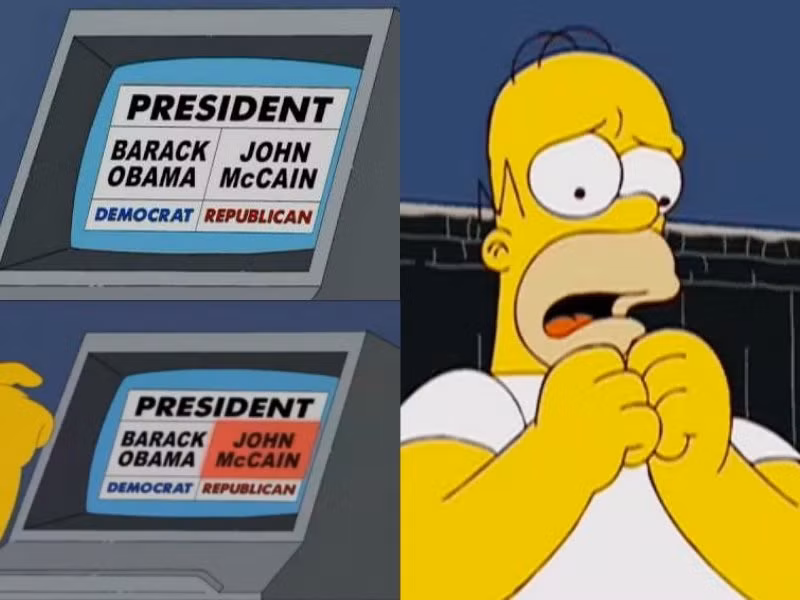 Điều kỳ lạ là trong khi Homer nhất quyết bầu cho ông Barack Obama mặc cho máy bỏ phiếu nhiều lần "ép" ông phải thay đổi phiếu bầu cho hai ứng viên khác Mitt Romney và John McCain.