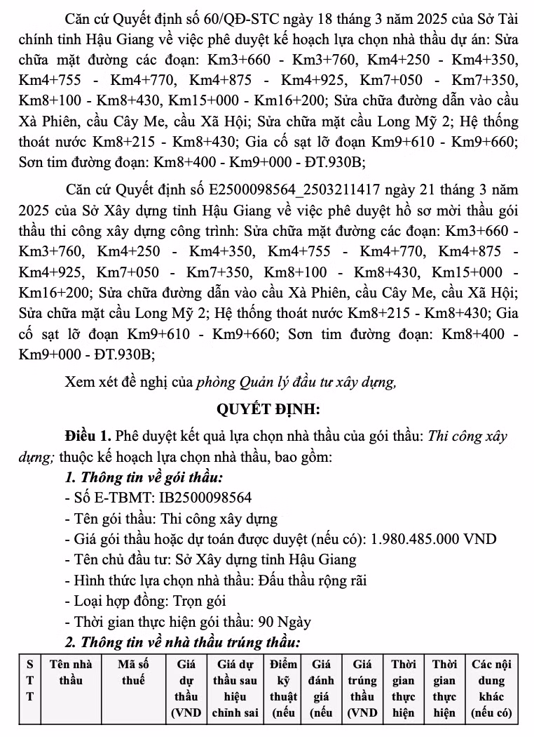 Nha thau Thanh Nhut 1 ngay trung lien 2 goi thau tai Hau Giang