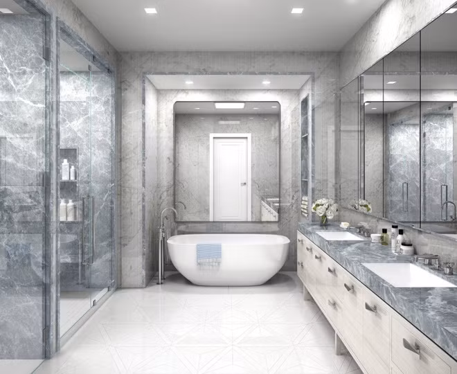 Phòng tắm xa hoa, hào nhoáng, lộng lẫy, được cung cấp đầy đủ các trang thiết bị cao cấp, đắt tiền, và được chia thành nhiều khu vực khác nhau.