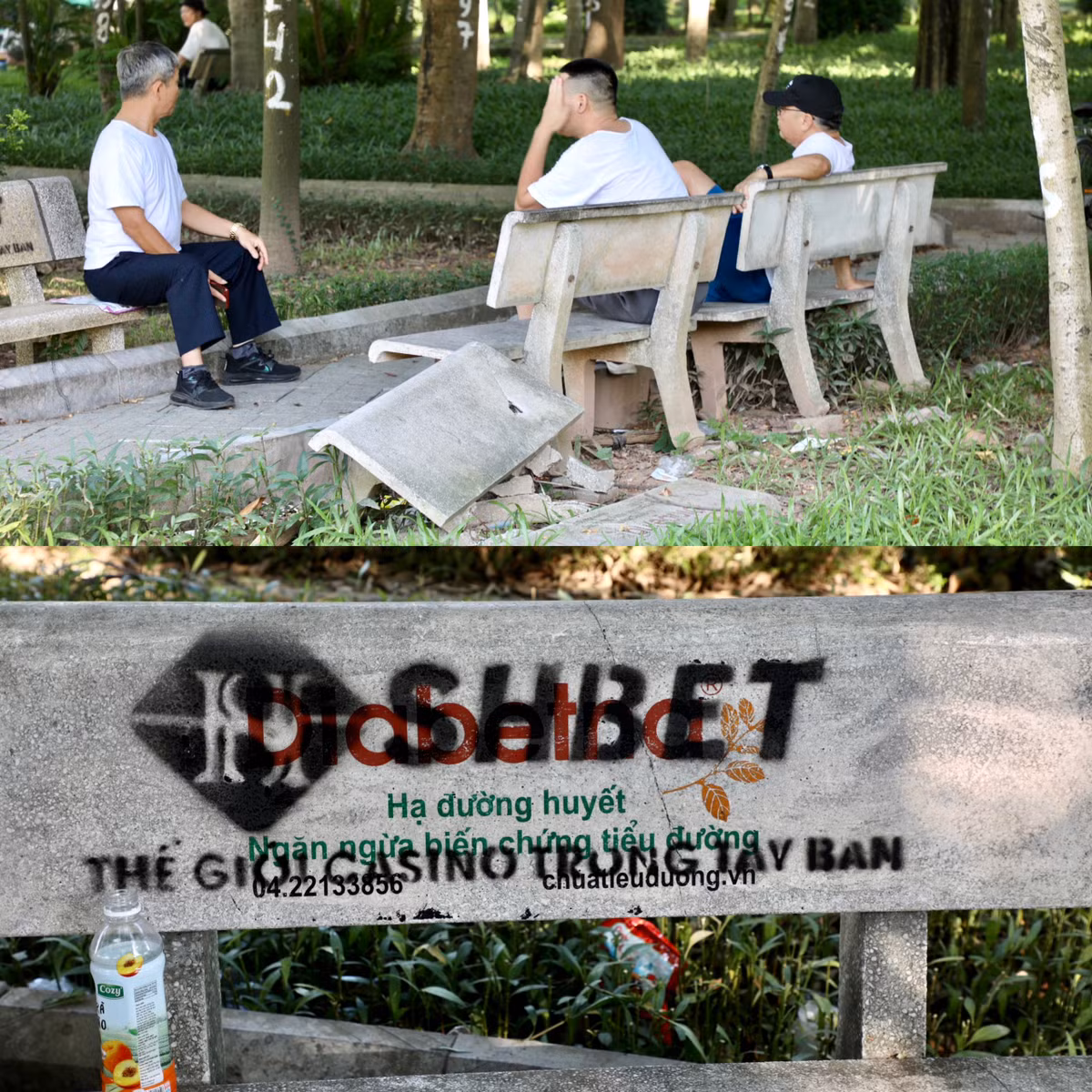 Ghế đá gẫy, vỡ và bị xịt sơn quảng cáo cá độ trái phép.