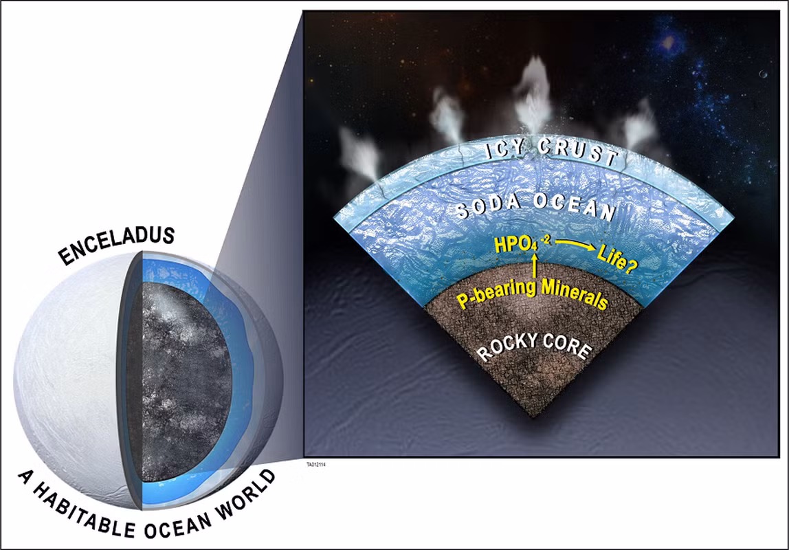 Enceladus có một lớp băng dày che phủ bề mặt của nó, nhưng dưới lớp băng đó là một đại dương nước lỏng.