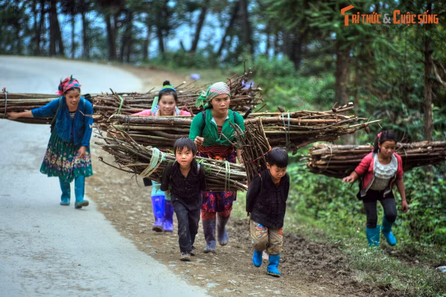 Nhóm phụ nữ và trẻ em gánh củi về bản Đoàn Kết, xã Na Khê.
