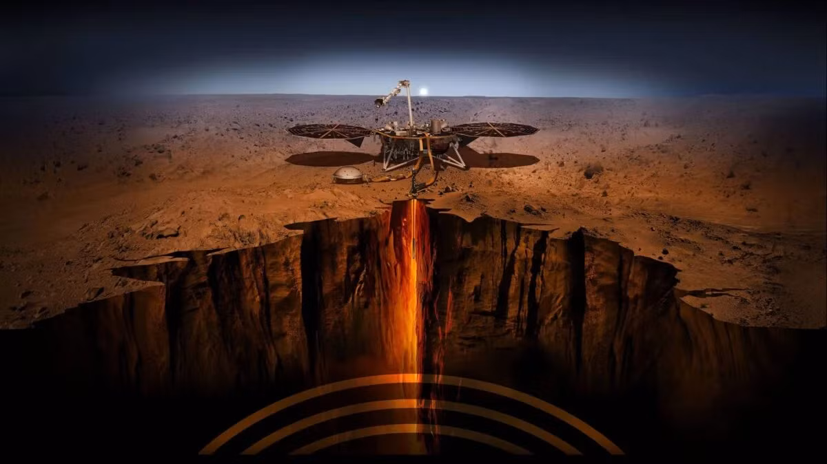 Ngoài ra, dữ liệu từ tàu đổ bộ InSight của NASA tiết lộ bằng chứng về một hồ nước ngầm khổng lồ nằm sâu bên dưới bề mặt sao Hỏa. Phát hiện này giúp hiểu thêm về lịch sử địa chất và khả năng tồn tại sự sống trên sao Hỏa. (Ảnh: Astronomy Magazine)