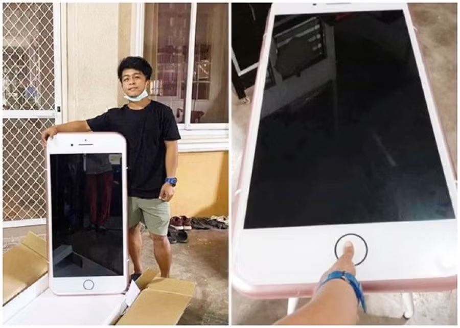 Còn đây là trường hợp đặt mua điện thoại nhưng nhận được chiếc bàn mặt hình Iphone 7. Vì thế, không phải ai cũng may mắn mua táo nhận được Iphone như anh James nên hãy luôn cảnh giác khi đặt những món hàng có giá trị lớn qua mạng Internet.