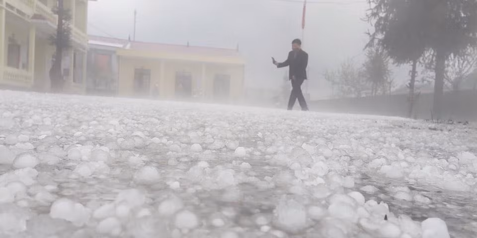 Hạt mưa đá phủ trắng sân.
