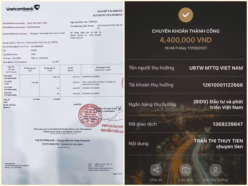 Trước đó, tại buổi livestream công khai sao kê từ thiện, Công Vinh và Thủy Tiên cho biết, trước khi kêu gọi từ thiện 5 ngày, số tiền trong tài khoản của Thủy Tiên là 272 triệu đồng. Nữ ca sĩ đứng ra kêu gọi từ ngày 13/10 - 23/11/2020 kết thúc, số tiền trong tài khoản mà họ nhận được là hơn 177 tỷ đồng. "Số tiền ghi nợ là tất cả số tiền vợ chồng tôi rút ra chi cho miền Trung, là 177 tỷ 792 triệu đồng. Còn số tiền ghi có tức là số tiền tất cả "mạnh thường quân" cả nước gửi vào trong tài khoản đến ngày 23/11 là 177 tỷ 520 triệu đồng", Công Vinh giải thích.