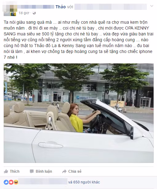 Ngoài clip tắm trắng bằng kim cương, Thảo Đôla còn liên tục khoe khoang mình sở hữu rất nhiều món đồ, tài sản giá trị trên Facebook. Dù chưa có cơ sở để kết luận những điều Thảo Đôla nói ra 100% là "nổ" nhưng phần lớn trong số chúng đều tạo cảm giác rất "ảo" đối với dân mạng. Cụ thể, Thảo Đôla khoe cô có mắt kính 700 tỷ, siêu xe 500 tỷ, váy 50 tỷ... nhưng đó chưa phải tất cả, Thảo Đôla còn tuyên bố sẽ tặng ngay iPhone 7 cho ai khen tặng cô.