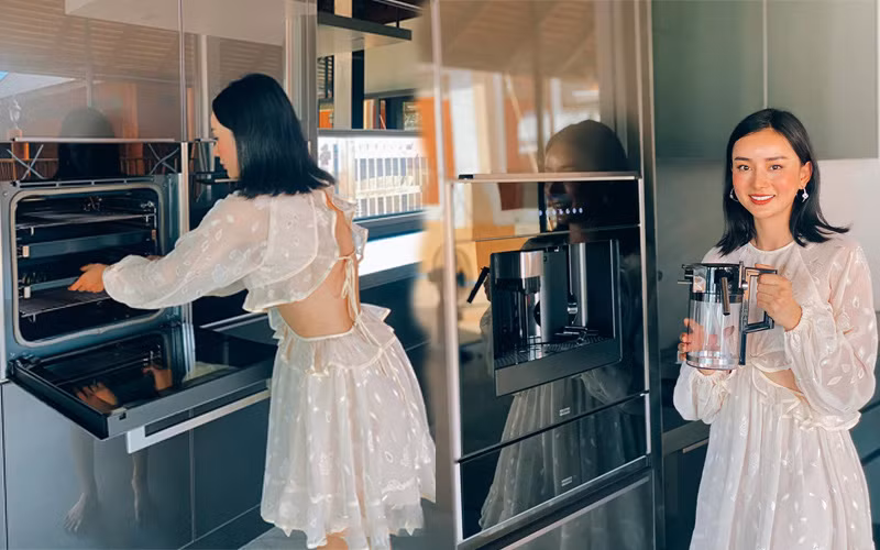 Đáng chú ý, căn bếp của Angela Chu có diện tích là 76 mét vuông, tổng chi phí đầu tư bao gồm đồ bếp, hệ tủ, cải tạo là 3,7 tỷ đồng. Ảnh: FBNV
