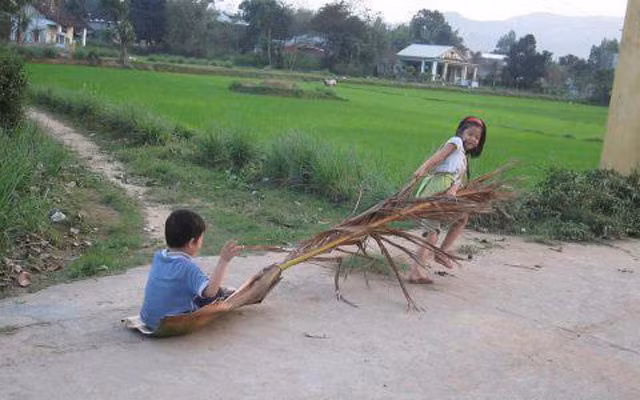 Mo cau gắn liền với tuổi thơ của nhiều người khi dùng làm quạt hoặc làm thuyền đồ chơi. Từ khi có quạt điện, mo cau trở thành món đồ bỏ đi, không còn giá trị sử dụng. Ảnh: Dân Việt