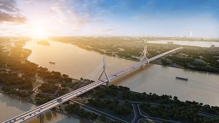 Cầu Tứ Liên là cầu dây văng, kết hợp văng xoắn, tạo ra các nhịp lớn với hệ khung kết cấu thép nhẹ. Ảnh: Đơn vị tư vấn thiết kế