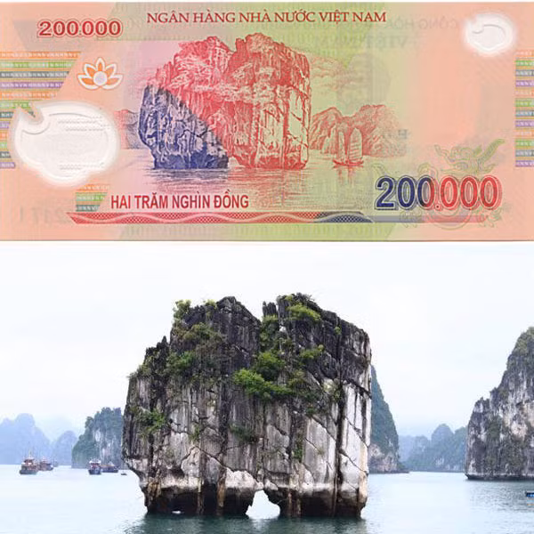 Địa danh in trên tờ 200.000 đồng là Hòn Đỉnh Hương - một hòn đảo nhỏ nằm ở khu vực phía Tây Nam của vịnh Hạ Long của tỉnh Quang Ninh – một trong 7 kỳ quan thiên nhiên thế giới đã được UNESCO công nhận.