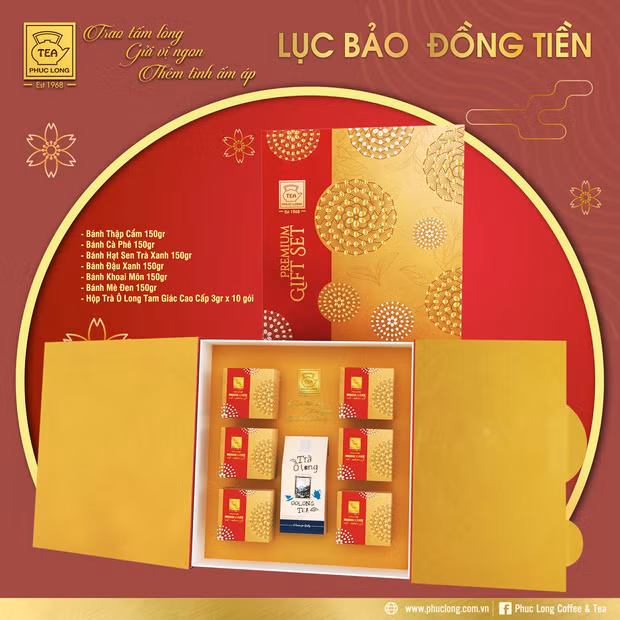 Trong đó, hộp “Lục Bảo Đồng Tiền” đắt nhất được thiết kế với màu sắc vàng đỏ, kết hợp cùng hoa văn đồng tiền cách điệu từ hạt cà phê dập nổi ép nhũ kim sang trọng tượng trưng cho sự ấm áp, sum vầy. Ảnh: Phuclong