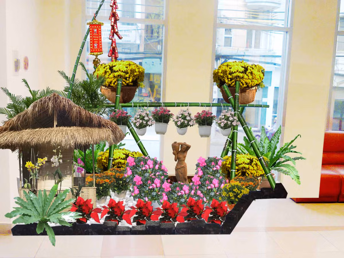 Đối với ngôi nhà rộng rãi có thể thiết kế riêng khu vực tiểu cảnh tết để tạo nên điểm nhấn cho những ngày đầu năm mới.