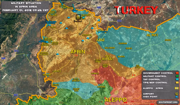 Bản đồ tình hình chiến sự tại vùng Afrin ngày 1/2/2018. Ảnh: SF.