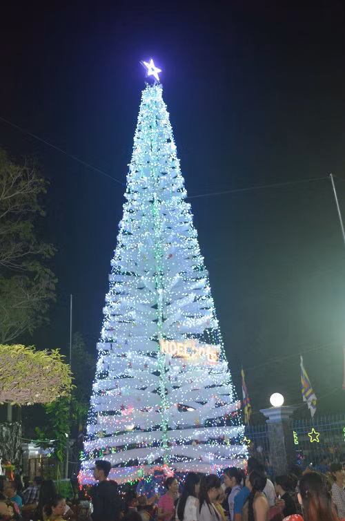 Một cây thông Noel được trang trí cao khoảng 30 mét tại khuôn viên giáo xứ trên đường Phạm Thế Hiển hút người dân chụp hình.