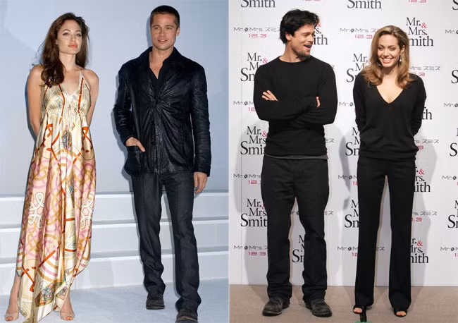 Brad Pitt và Angelina Jolie khá thẹn thùng khi cùng nhau đi quảng bá phim "Mr. and Mrs. Smith" vào năm 2005.