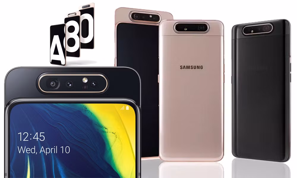 Samsung Galaxy A80 được trang bị cụm camera 3 ống kính: cảm biến chính 48 MP khẩu độ f/2.0, tiêu cự 26 mm, cảm biến góc siêu rộng 8 MP khẩu độ f/2.2, tiêu cự 12 mm, cảm biến ToF 3D khẩu độ f/1.2, tiêu cự 30 mm.
