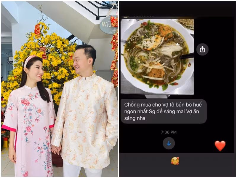 Nữ diễn viên không ít lần khoe được nửa kia chiều chuộng. Một lần, Vinh Nguyễn mua cho Diễm My bát bún bò Huế để cô ăn sáng. Ảnh: FBNV