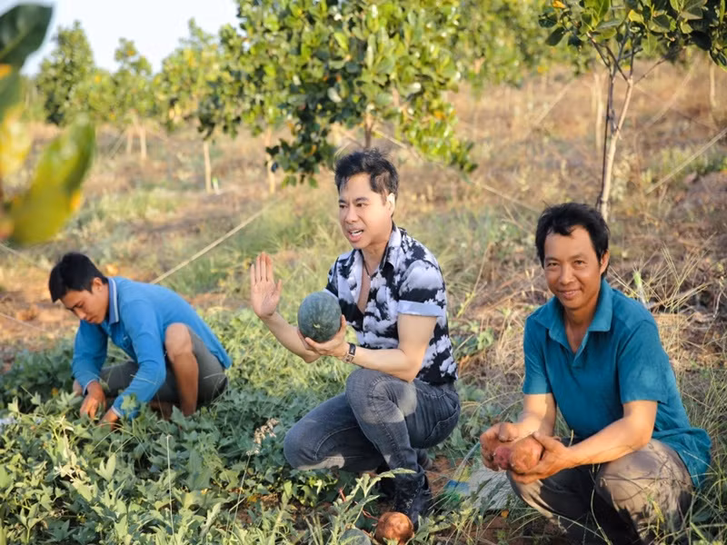 Khu vườn của Ngọc Sơn có đủ loại cây trái như: mít, dưa hấu, xoài, mận, nhãn.