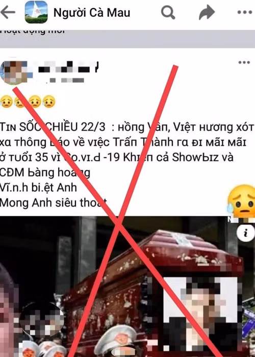 Trước Thương Tín, hàng loạt nghệ sĩ cũng bị kẻ ác ý tung tin bịa đặt. Mới đây, một tài khoản tên M/C bất ngờ đăng tin vào hội nhóm ở Cà Mau với nội dung: "Tin sốc chiều 22/3: Hồng Vân, Việt Hương xót xa thông báo về việc Trấn Thành ra đi mãi mãi ở tuổi 35 vì COVID-19". Ảnh: Lao động