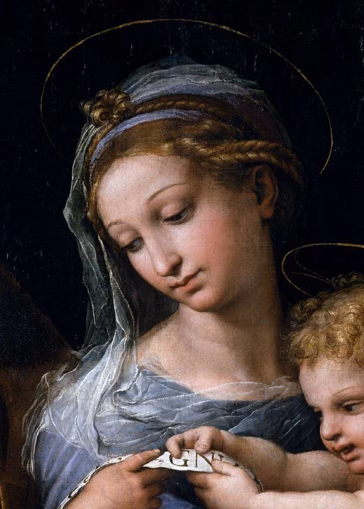 Bức tranh Madonna Della Rosa được vẽ trên vải vào khoảng năm 1517-1518, ban đầu được xem là tác phẩm hoàn toàn của Raphael.