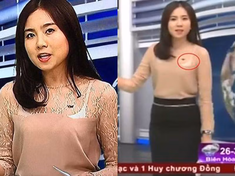 BTV xinh đẹp Mai Ngọc cũng không thoát khỏi lỗi trang phục khi để lộ dây áo ngực và một phần cúp ngực khác màu sau lớp áo ren mỏng manh ngay trên sóng.