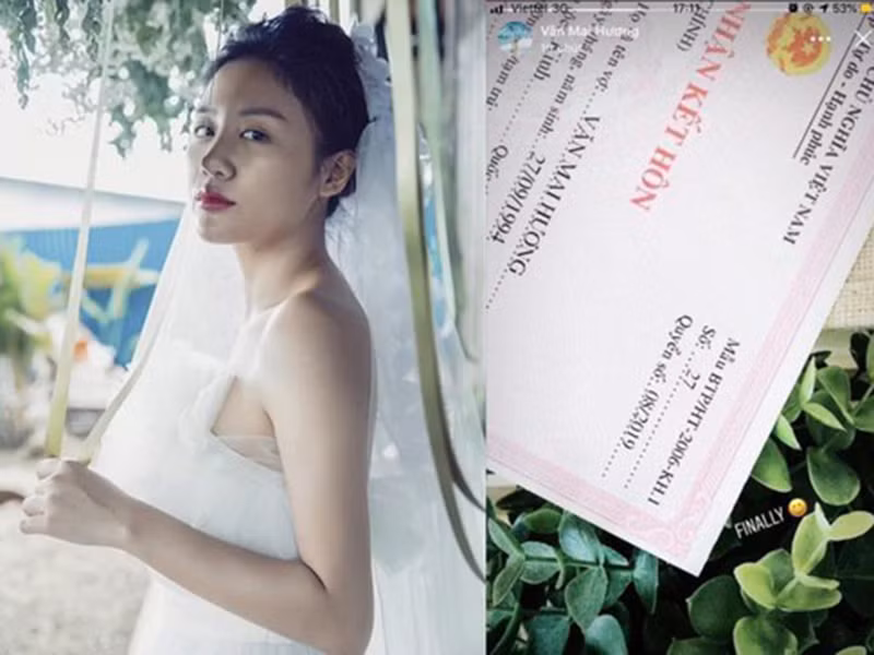 Ngoài Phạm Hương, năm 2019, Văn Mai Hương cũng cho fan ăn vố lừa. Hồi tháng 10, Văn Mai Hương khoe một góc của tờ đăng ký kết hôn ghi tên mình.