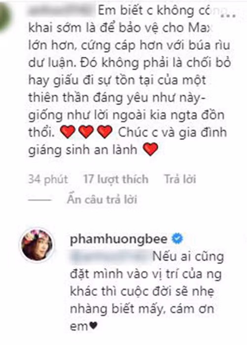 Khi công khai con trai, Phạm Hương gây ra những ý kiến trái chiều bởi trước đó, cô một mực phủ nhận nghi vấn bầu bí và sinh con. Về phần mình, mới đây, Phạm Hương cho biết khi giấu con, cô không hề cảm thấy mệt mỏi. "Nếu ai cũng đặt mình vào vị trí của người khác thì cuộc đời sẽ nhẹ nhàng biết mấy", Phạm Hương chia sẻ.