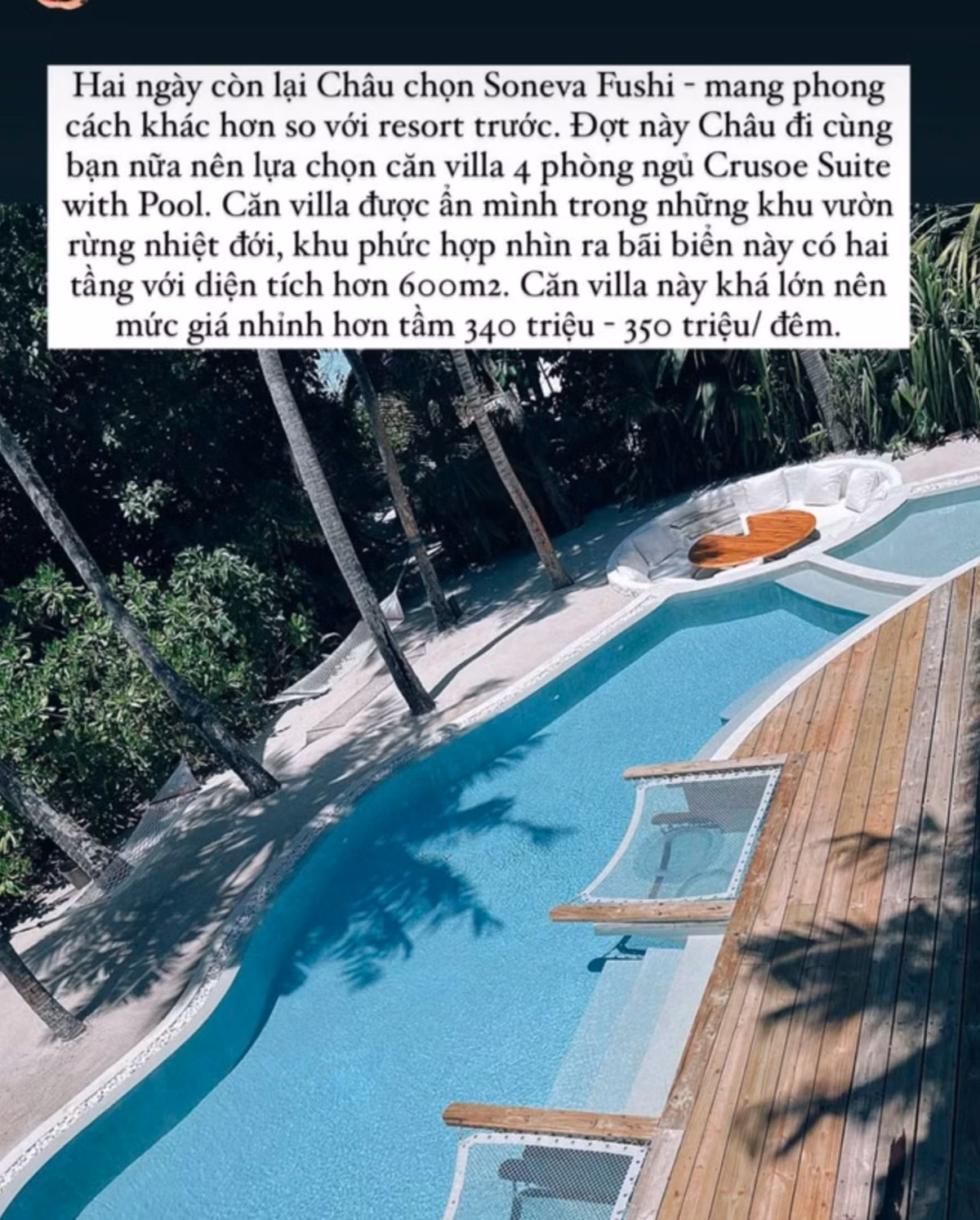 Trong chuyến đi này, vợ chồng Angela ở 2 resort để có thêm nhiều trải nghiệm.