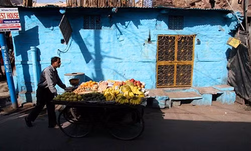Người đàn ông đẩy xe bán hoa quả qua đường phố ở Jodhpur.