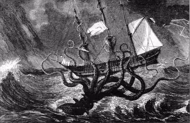 Theo truyền thuyết, Kraken có thân hình như đảo nhỏ, nhiều xúc tu, có thể nuốt tàu bè và làm khuấy động cả vùng biển. (Ảnh: The Conversation)