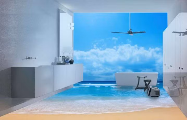 Sóng biển xô bờ cát trắng tuyệt đẹp trên sàn nhà tắm.