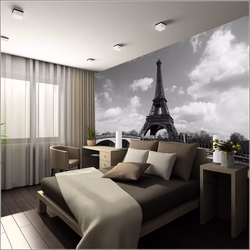 Tranh tường hình tháp Eiffel trang trí phòng ngủ.