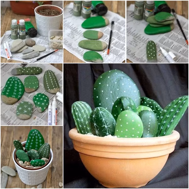 Chậu hoa xương rồng xinh xắn từ đá.