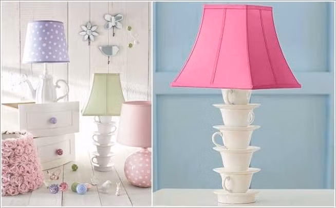 Những chiếc đèn ngủ đẹp mắt với chân đèn là tách chén cũ.