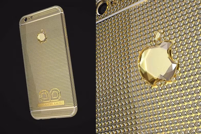 6. Diamond Studded iPhone 6 ( 2,5 triệu USD): Chiếc điện thoại được phủ bằng vàng 18 carat, nạm 6.127 viên kim cương, một viên kim cương nặng 51,29 carat được cắt thành hình quả táo (thương hiệu của iPhone).
