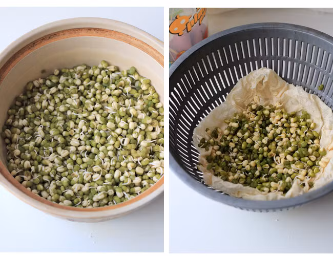 Bước 2, trải 3-4 lớp giấy ăn lên khay hoặc rổ. 