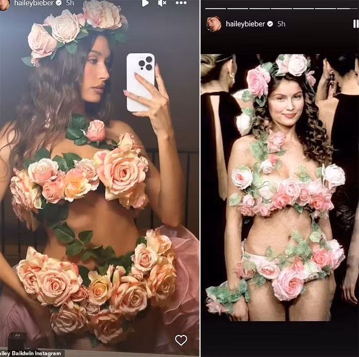 Người mẫu Hailey Bieber lấy những bông hoa hồng làm trang phục che chắn giống với trang phục của người mẫu Laetitia Casta (phải) khi cô làm mẫu trong show thời trang Yves Saint Laurent năm 1999. (Ảnh: Instagram)