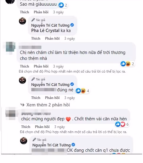 Tậu căn nhà 3 tầng khang trang ngay giữa đêm, "bà mối quốc dân" Cát Tường khiến ca sĩ Pha Lê phải thốt lên: "Sao mà giàu". Được biết, bên cạnh căn nhà nguy nga nằm ở quận Gò Vấp, TP HCM này, nữ MC còn đang muốn chốt một căn nhà khác ở quận 1 nhưng chưa được.